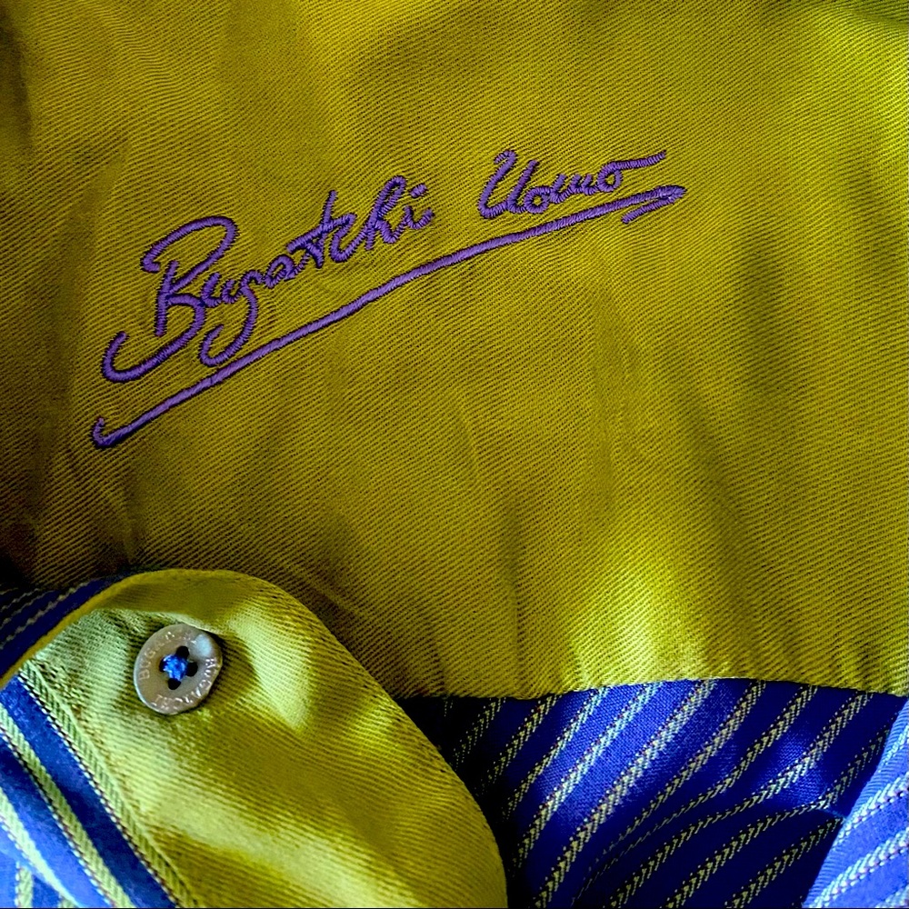 Men’s Large Bugatchi Uomo button up dress shirt Purple and green pinstripe